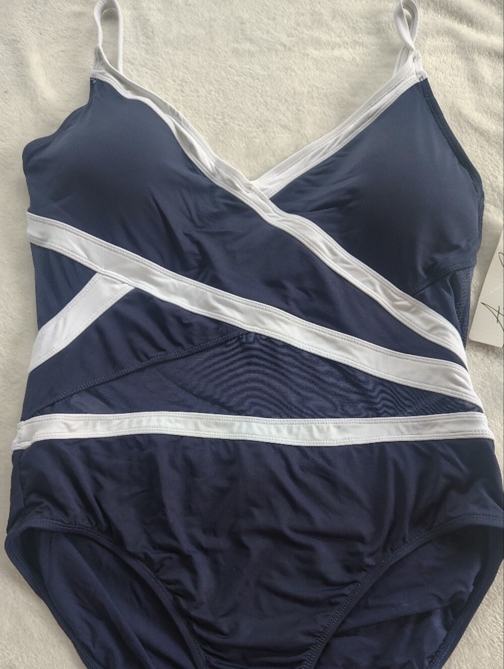 Anne Cole Navy and White One-Piece Swimsuit with Diagonal Straps
